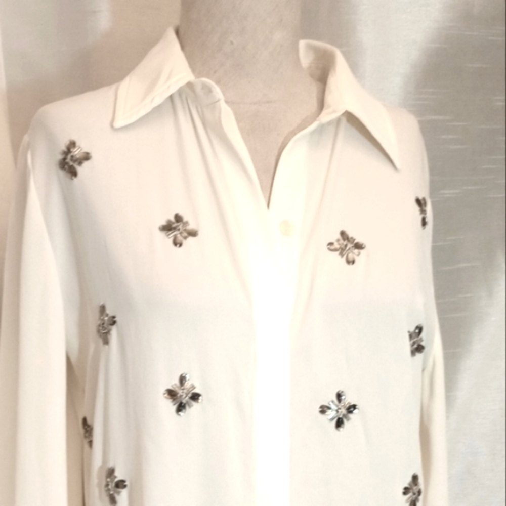 Chico's ButtonUp Blouse, Jeweled Butterflies Collar, 1/2 Sleeve, Ivory, S - Picture 2 of 14
